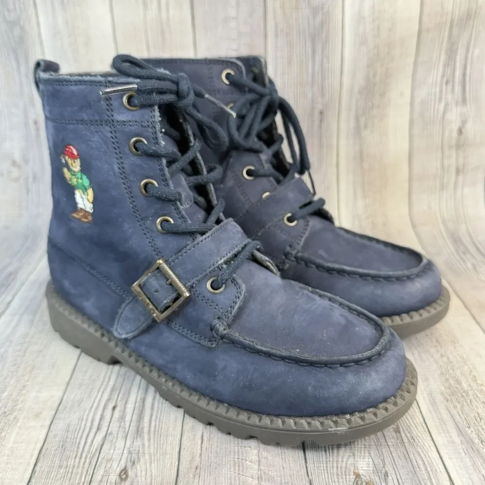 Polo Ralph Lauren Ranger HI II Mallet Bear Boots Blue Leather Kids Unisex SZ 3Y